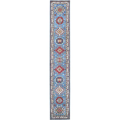Crystal Teal Blue With Geometric Patterns, Natural Dyes Soft And Velvety Wool Hand Knotted Kazak, Oversized Runner Oriental Rug