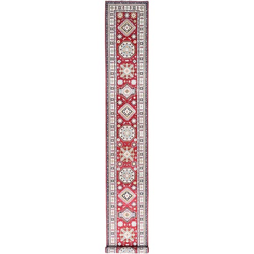 Falu Red, Extra Soft Wool Vegetable Dyes Hand Knotted Geometric And Tribal Medallions Kazak XL Runner Oriental Rug