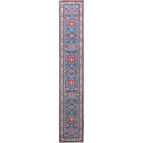 Fjord Blue Densely Woven, Smooth and Silky Wool, Hand Knotted Kazak, Tribal Medallions, Vegetable Dyes, Oriental Runner 