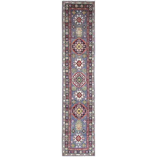 Shadow Gray Kazak Design With Vibrant Geometric Patterns, Hand Knotted, Denser Weave, Pure Wool, Oriental Runner 