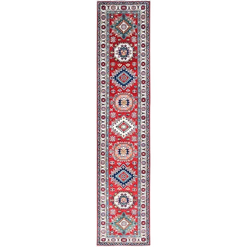 Prismatic Red, Natural Dyes, Hand Knotted, Soft And Vibrant Wool, Denser Weave, Tribal And Geometric Motifs, Extra Soft Wool, Kazak, Oriental Runner 