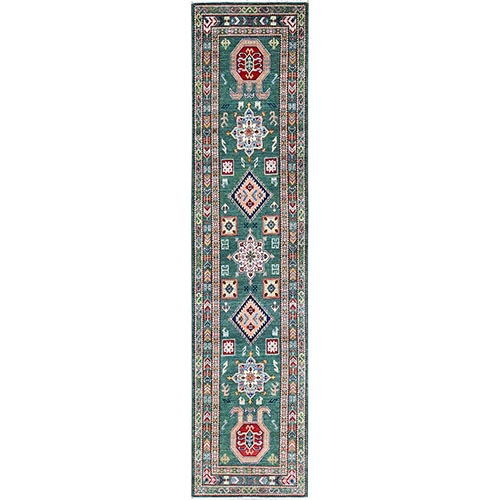 Hunter Green Kazak With Geometric Medallions All Over, Velvety Wool, Vegetable Dyes, Densely Woven, Hand Knotted Runner Oriental 