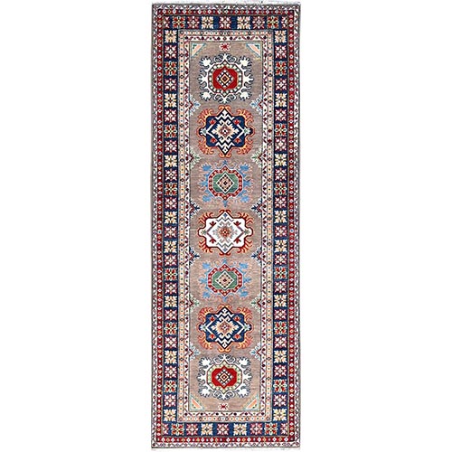 Cinereous Gray And Rich Navy Blue Border, Hand Knotted, Soft And Velvety Wool, Large Tribal Medallions, Densely Woven Kazak Design Runner Oriental 