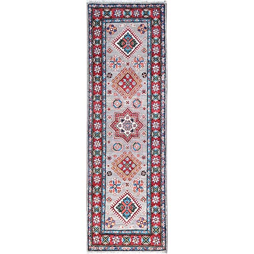 Cloud Gray And Rustic Red, Vibrant Tribal Medallions, Denser Weave, Natural Dyes, Organic Wool, Hand Knotted Kazak Runner Oriental 