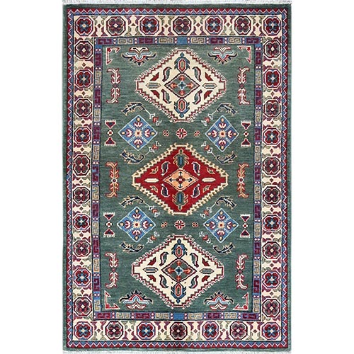 Laurel Green, Large Triple Geometric Motifs, Natural Dyes, Pure And Soft Wool, Hand Knotted, Afghan Kazak, Denser Weave, Oriental 