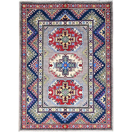 Graceful Gray With Vibrant Border, Hand Knotted, Vegetable Dyes, Denser Weave, Super Soft Wool, Kazak All Over Colorful Tribal Motifs, Oriental Rug