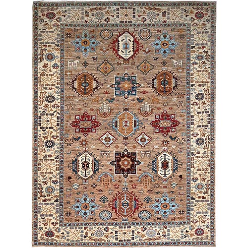 Porcini Beige, Densely Woven Afghan Super Kazak with Geometric Elements, Vegetable Dyes, 100% Wool, Hand Knotted, Oriental Rug