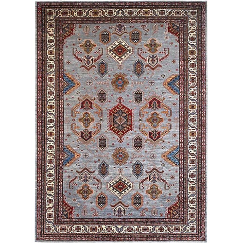 Koala Gray and Dove White, Afghan Super Kazak with Geometric Medallions Design, Hand Knotted, Pure Wool, Denser Weave, Oriental Rug