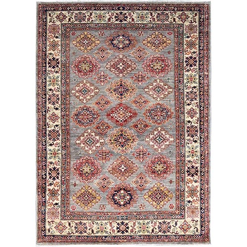 Bunny Gray, Hand Knotted Natural Dyes, Afghan Densely Woven Super Kazak With All Over Design, 100% Wool Oriental Rug