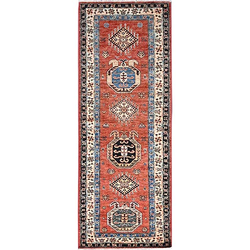 Spice Route Red, Afghan Super Kazak with Geometric Medallions Design, Natural Dyes, Denser Weave, Soft and Shiny Wool, Hand Knotted, Runner Oriental Rug