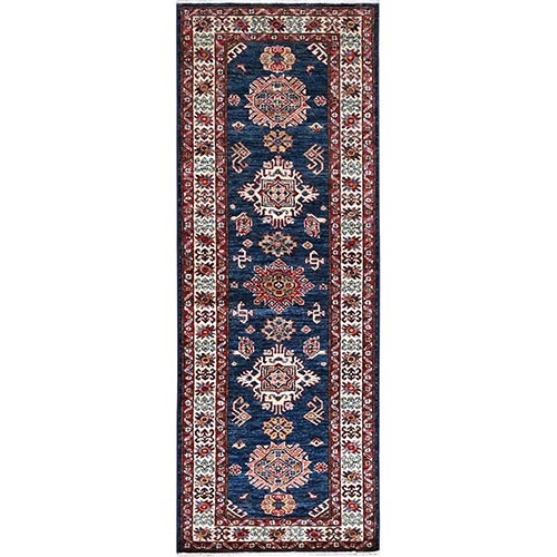 Navy Blue and Diamond White, Afghan Super Kazak With Geometric Medallions, Vegetables Dyes, Densely Woven, Vibrant Wool, Hand Knotted Runner Oriental Rug