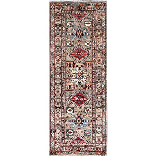 Agreeable Gray, Denser Weave Organic Wool Hand Knotted, Afghan Super Kazak with Colorful Medallions, Natural Dyes, Runner Oriental Rug