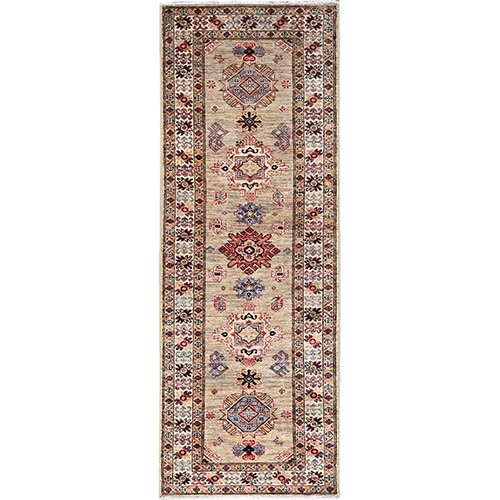 Aged White, Hand Knotted Soft Wool, Densely Woven Vegetable Dyes, Afghan Super Kazak With All Over Tribal Medallions Design, Oriental Runner 
