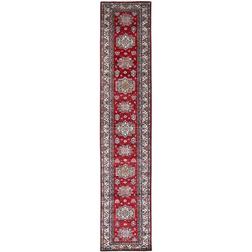 Carmine Red, Afghan Super Kazak with Geometric Medallions Design, Natural Dyes, Densely Woven, Soft and Shiny Wool, Hand Knotted, Runner Oriental 