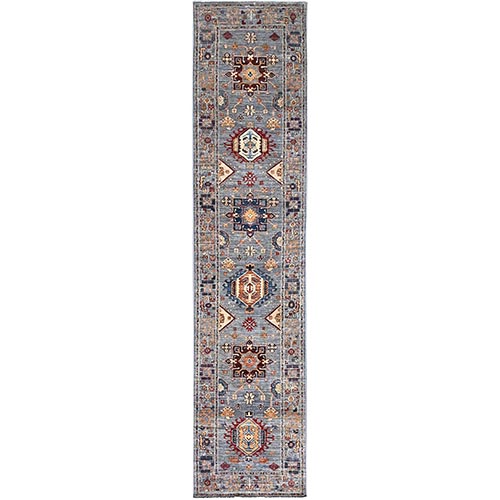 Harbor Mist Gray, Soft and Shiny Wool, Afghan Super Kazak with Geometric Medallions Design, Vegetable Dyes, Denser Weave, Hand Knotted, Runner Oriental 