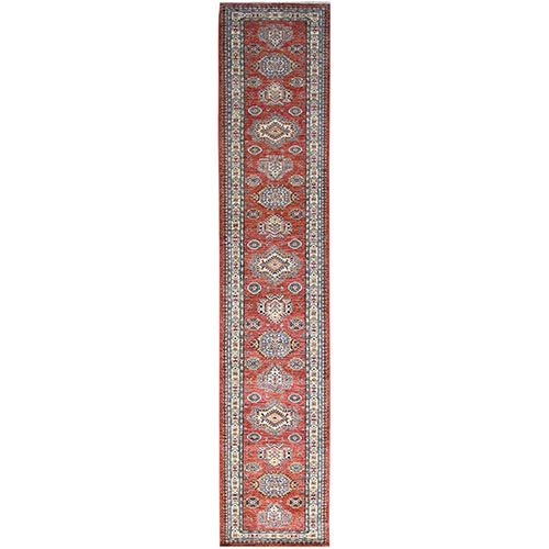 Spice Route Red, Geometric Medallions Design, Soft and Shiny Wool, Afghan Super Kazak, Vegetable Dyes, Hand Knotted, Denser Weave, Runner Oriental 