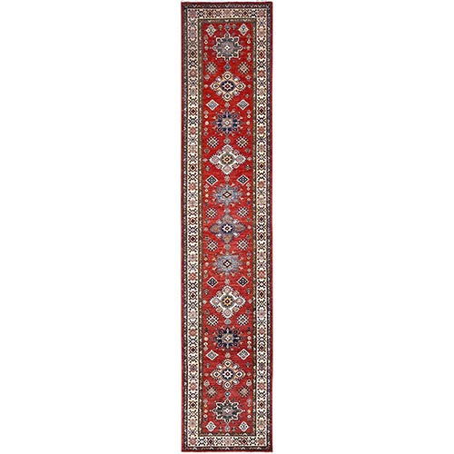 Heritage Red, Afghan Super Kazak, Geometric Medallions Design, Organic Dyes, Denser Weave, Hand Knotted, Soft and Shiny Wool,  Runner Oriental 