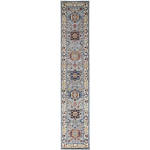 Garden Gray and Simply White, Hand Knotted Afghan Super Kazak Vegetable Dyes, Geometric Medallions, Denser Weave, Pure Wool, Oriental Runner 