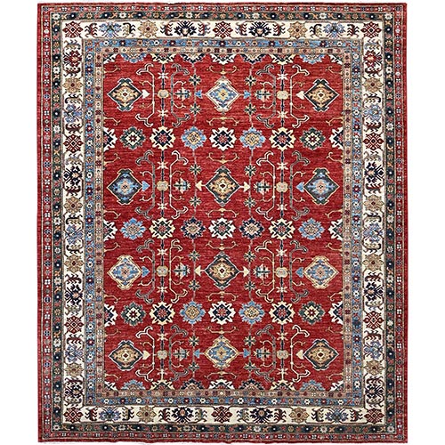 Exotic Red, Natural Dyes Afghan Super Kazak with Geometric Medallions Design, Hand Knotted 100% Wool, Denser Weave, Oriental 