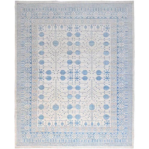 Comfort White and Cool Blue, Densely Woven, White Wash Khotan and Samarkand Peshawar, Hand Knotted Pomegranate Design, Natural Wool, Vegetable Dyes, Oriental 