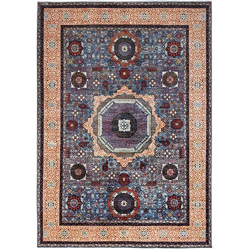 Dodger Blue With Navajo White, Pure Wool, 14th Century Mamluk Dynasty Pattern, Hand Knotted, Vegetable Dyes, 200 KPSI, Oriental Rug