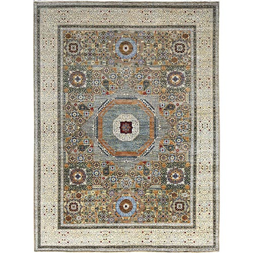 Spray Green and Linen White, Hand Knotted 14th Century Mamluk Dynasty Pattern, Vegetable Dyes, 200 KPSI, Extra Soft Wool, Oriental Rug