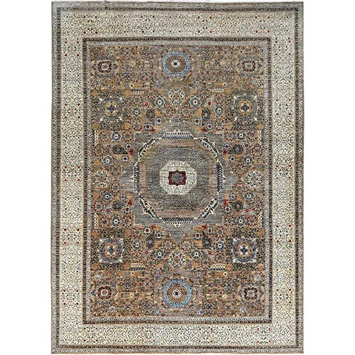 Collonade Gray With Muslin White, Hand Knotted Natural Dyes, Soft and Shiny Wool, 14th Century Mamluk Dynasty Pattern, 200 KPSI, Oriental Rug