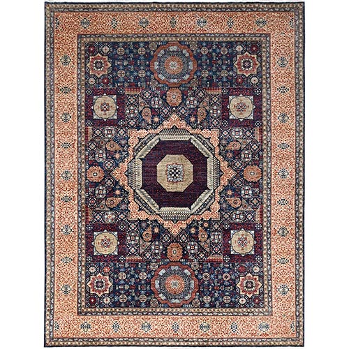 Prussian Blue and Kilim Beige Border, Hand Knotted Soft Wool, 200 KPSI 14th Century Mamluk Dynasty Pattern, Vegetable Dyes, Oriental Rug