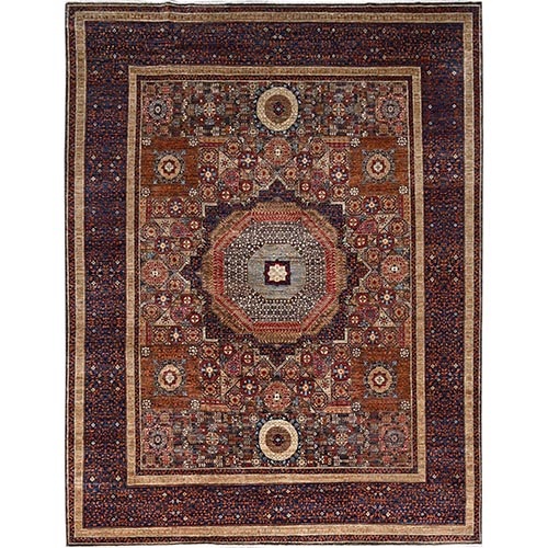 Tuscany Brown With Berry Blue, 14th Century Mamluk Dynasty With Large Medallions, 200 KPSI, Natural Dyes, Soft and Velvety Wool, Hand Knotted Oriental Rug
