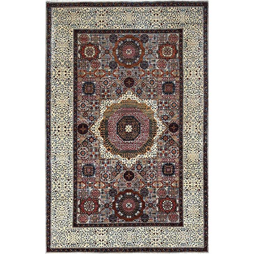 Alloy Gray and Alabaster White Border, Hand Knotted 14th Century Mamluk Dynasty With Geometric Motifs Design, 200 KPSI, Vegetable Dyes, 100% Wool, Oriental Rug