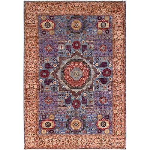 Horizon Blue, Beige Border, Hand Knotted, All Wool Natural Dyes, 14th Century Mamluk Dynasty Design, 200 KPSI, Oriental Rug