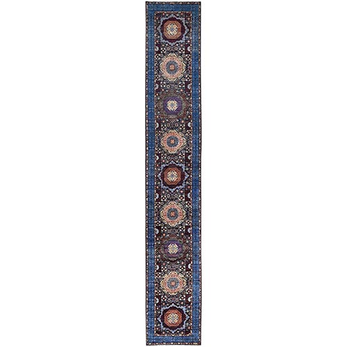 Graphite With Cerulean Blue, Hand Knotted 200 KPSI, Vegetable Dyes, Organic Wool, 14th Century Mamluk Dynasty Design Oriental XL Runner Rug