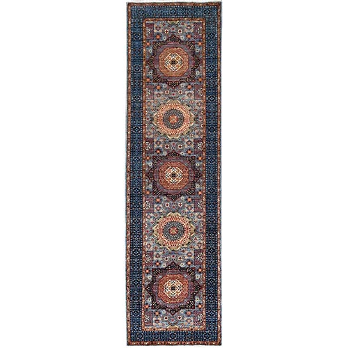 Van Deusen With Denim Blue Border, 200 KPSI, 14th Century Mamluk Dynasty Large Geometric Design, Velvety 100% Wool Vegetable Dyes, Hand Knotted, Runner, Oriental Rug