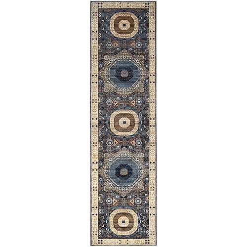 Abyss Gray, Floral White Border, Hand Knotted, Vegetable Dyes, Natural Wool, 14th Century Mamluk Dynasty Pattern, 200 KPSI, Runner Oriental Rug