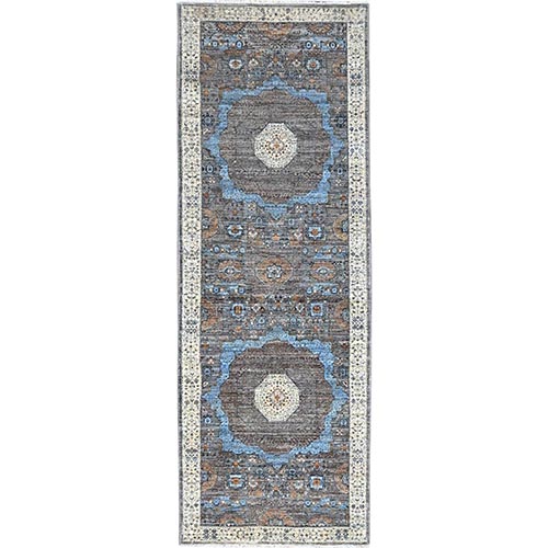 Delray Gray, Pure Wool, Natural Dyes, Hand Knotted, 14th Century Mamluk Dynasty Pattern, 200 KPSI, Oriental Runner Rug