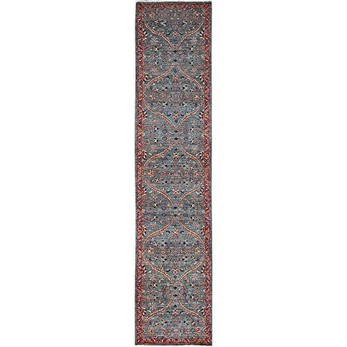 Deep Jungle Green and Brick Red, Vegetable Dyes, Mamluk Dynasty With All Over Pattern, Soft Wool, Runner Hand Knotted Oriental Rug