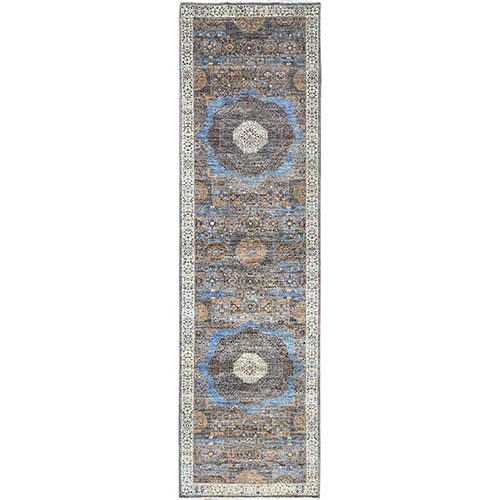 Icy Gray, Natural Dyes Hand Knotted, 200 KPSI, Large Medallions Design, 14th Century Mamluk Dynasty, Natural Wool Runner Oriental Rug
