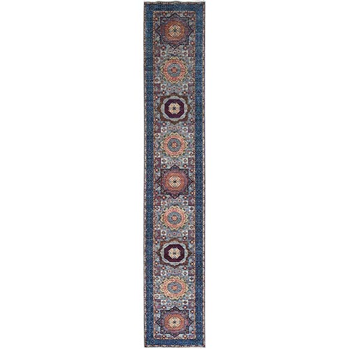 Sapphire With Indigo Blue, Hand Knotted, 200 KPSI, 14th Century Mamluk Dynasty With Large Elements Design, Natural Dyes, 100% Wool XL Runner Oriental Rug