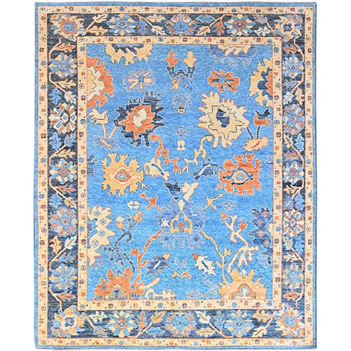 Bonnie Blue With Wide Borders, Hand Knotted, All Natural Wool, Vegetable Dyes, Vibrant Colors, Afghan Supple Collection, Durable Oushak Oriental 