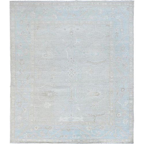 Sky Gray and Pale Blue, Soft to The Touch, Pure Wool, Hand Knotted White Wash Peshawar, Chobi Oriental 