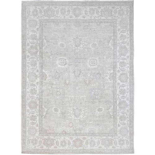 Krypton Gray, White Wash Peshawar Chobi and Geometric Design, Natural Wool, Hand Knotted Soft to The Touch, Oriental 