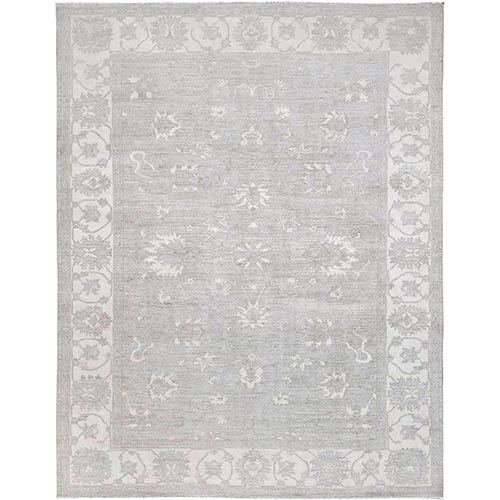 Silver Gray With Bistro White, Hand Knotted White Wash Peshawar Chobi With Floral Design, 100% Wool, Soft Pile, Oriental 