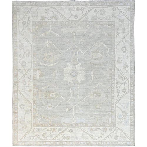 Dove White and Beacon Gray Border, Hand Knotted, Soft To The Touch, Pure Vibrant Wool, Afghan White Wash Peshawar, Geometric Design Oriental 