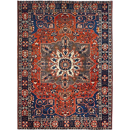 Tangarine Tango Red With College Navy Blue Border, All Natural Wool, Hand Knotted, Vintage Persian Bakhtiar With Large Flower Center Medallion, Densely Woven, Oriental 