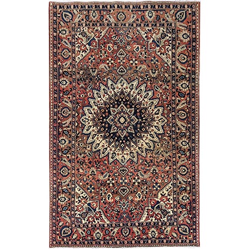 Dusted Clay Red With Large Medallion Design, All Natural Wool, Densely Woven, Vegetable Dyes, Hand Knotted, Vintage Persian Bakhtiar Oriental 