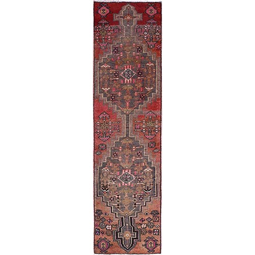 Multicolored, Borderless, Hand Knotted, Pure And Soft Wool, Vegetable Dyes, Vintage Persian Hamadan Oriental Runner 