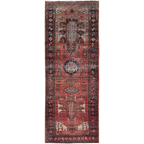 Multicolored With Asphalt Black Border, Hand Knotted, Pure Wool, Worn Down And Distressed, Natural Dyes, Vintage Persian Heriz Oriental Runner 