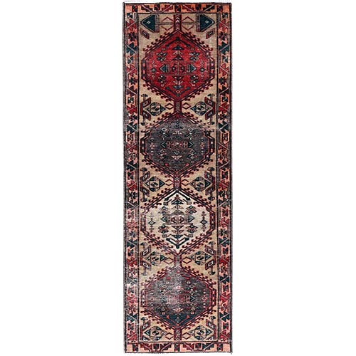 Multicolored, Vintage Serab With Camel Hair, Vibrant Wool, Hand Knotted, Vegetable Dyes, Distressed, Oriental Runner 
