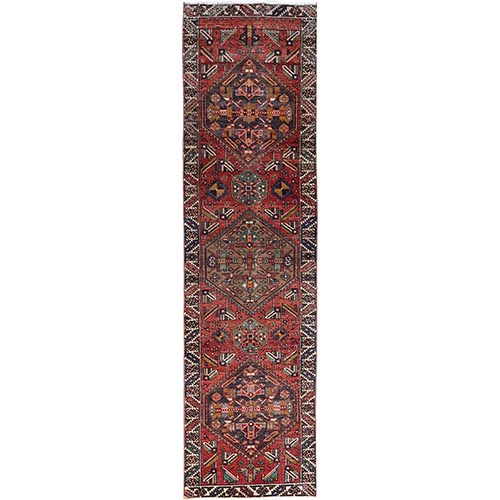 Multicolored, Sheared Low, Sides Secured And Cleaned, Vintage Heriz With Triple Geometric Medallions, Tribal Floor Art, Runner Oriental 