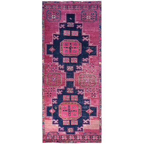 Raspberry Radiance Purple With Large Geometric Elements, Multicolored Narrow Border, Hand Knotted, Evenly Worn, Soft Wool, Cropped Thin, Vintage Persian Hamadan, Runner Oriental 